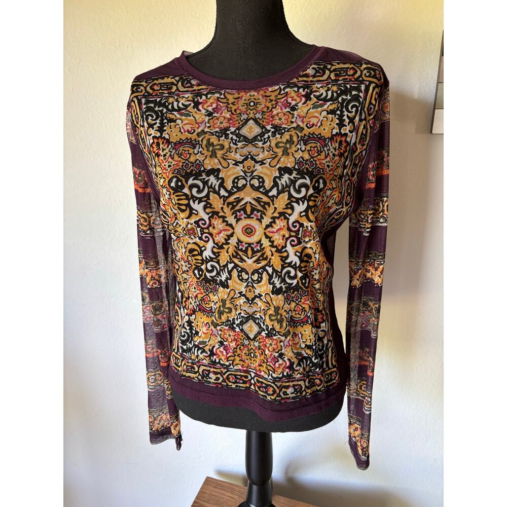 NY & Co. VTG Lg Boho Mesh Sheer Top Plaid Floral Medallion Whimsigoth